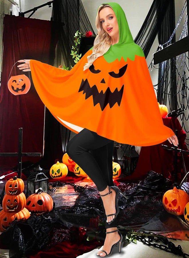 AOBUTE Womens Pumpkin Poncho With Hood Halloween Scary Jack O Lantern Costume Orange - Image 4